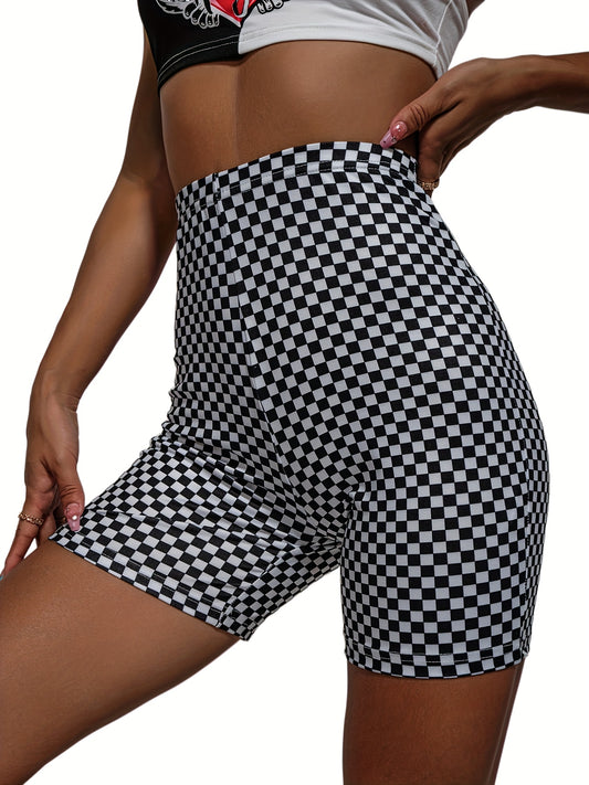 Checkerboard Print High Waist Slim Shorts Women's Clothing