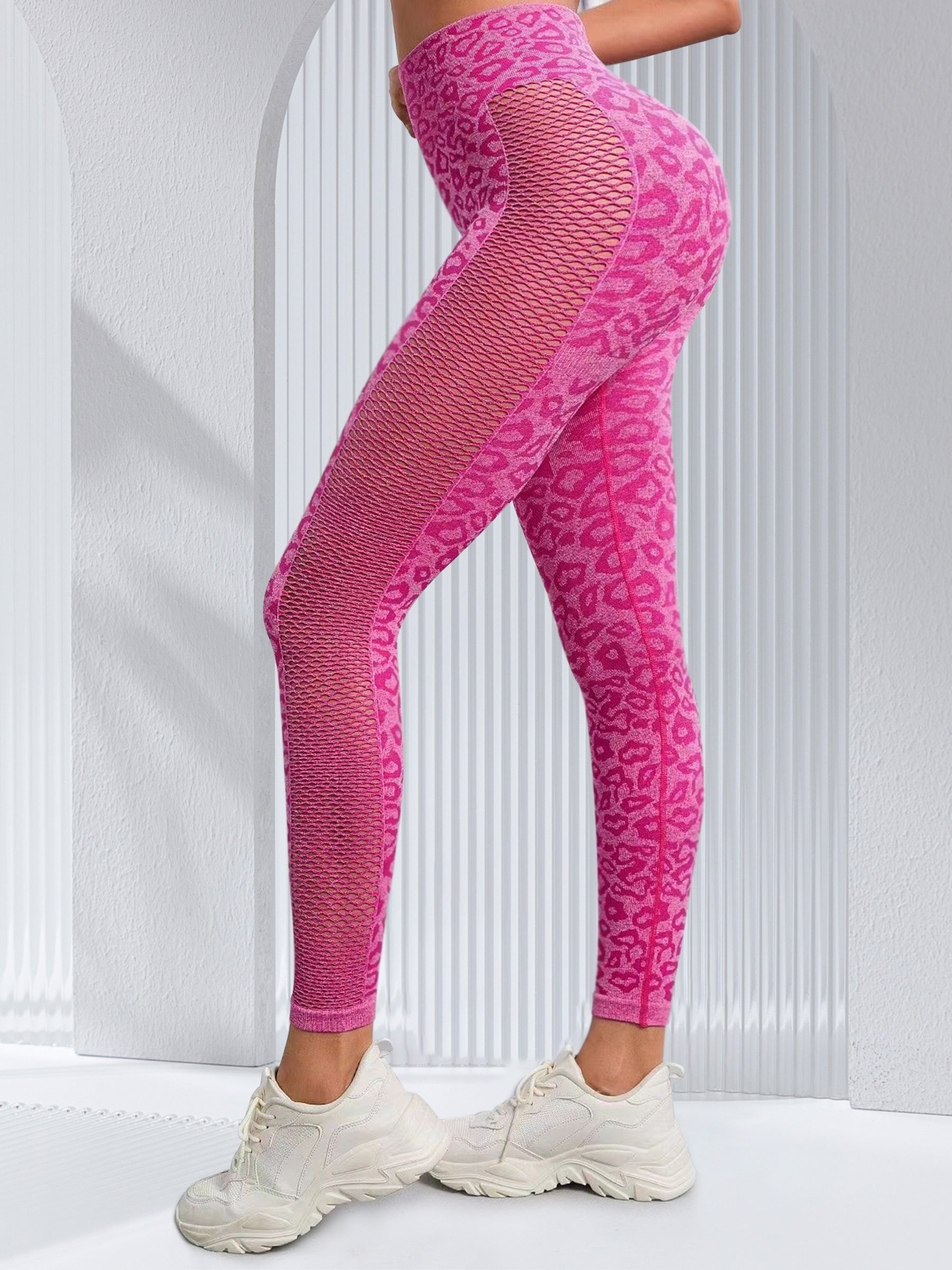 Leopard Print Hollow Out Workout Leggings High Elastic Sports Yoga Pants
