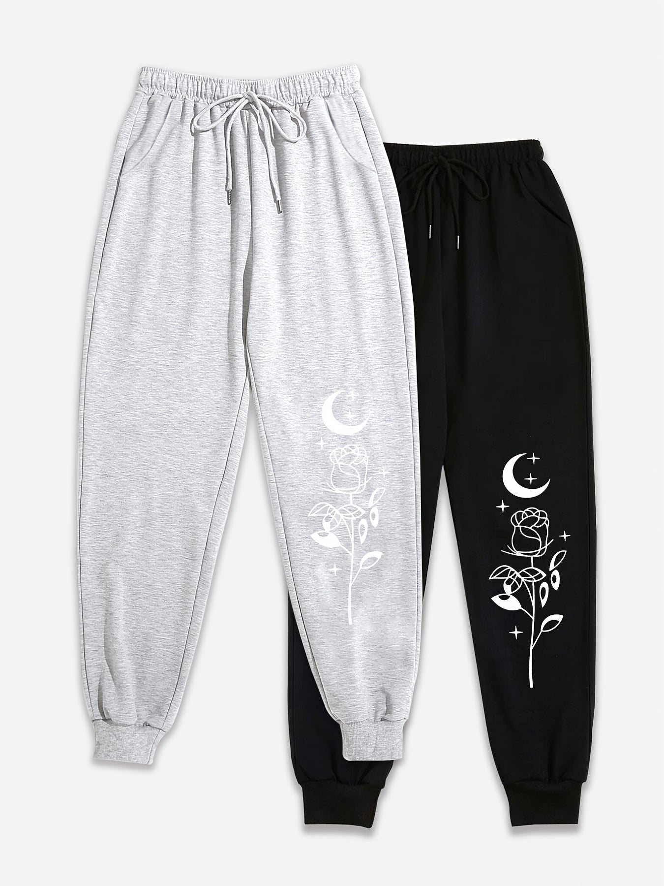 2 Pack Plus Size Sports Pants Women's Plus Floral & Moon Print