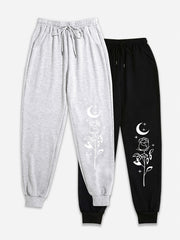 2 Pack Plus Size Sports Pants Women's Plus Floral & Moon Print