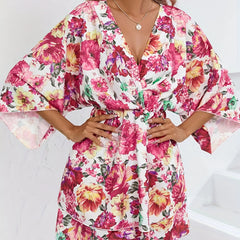  Floral Print Three Quarter Sleeve V Neck Layered Dress