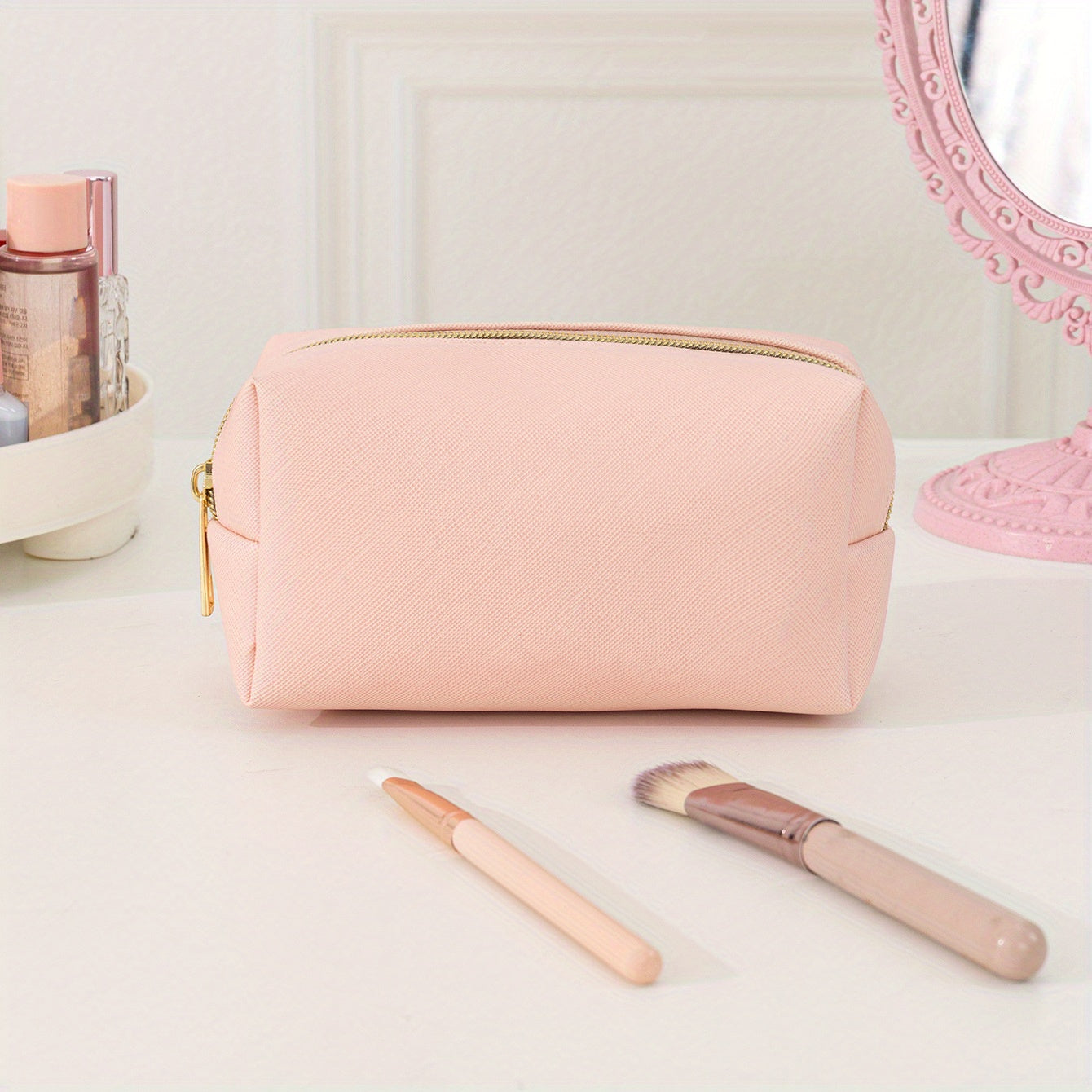 Pink Cosmetic Bag Women Makeup PU Travel Toiletry Zipper Storage Pouch