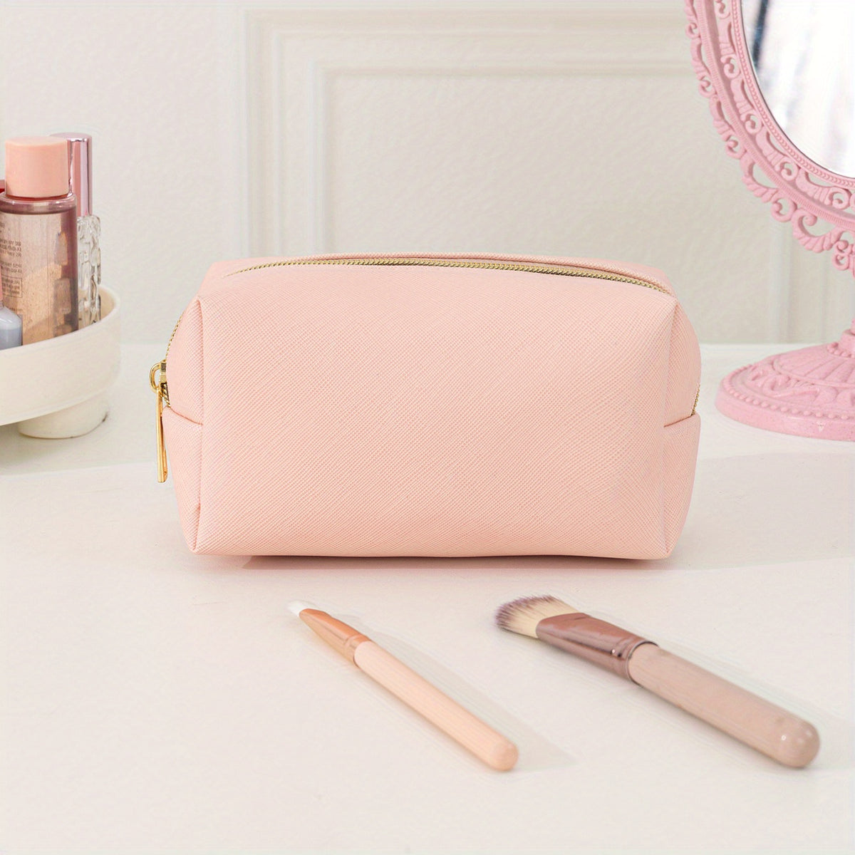 Pink Cosmetic Bag Women Makeup PU Travel Toiletry Zipper Storage Pouch