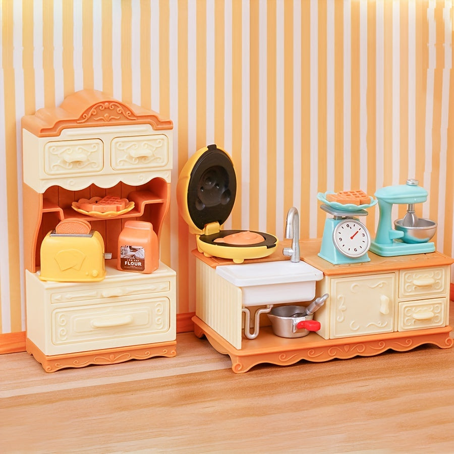 Dollhouse Kitchen Set with Dining Table & Cabinet Pretend Play Toy