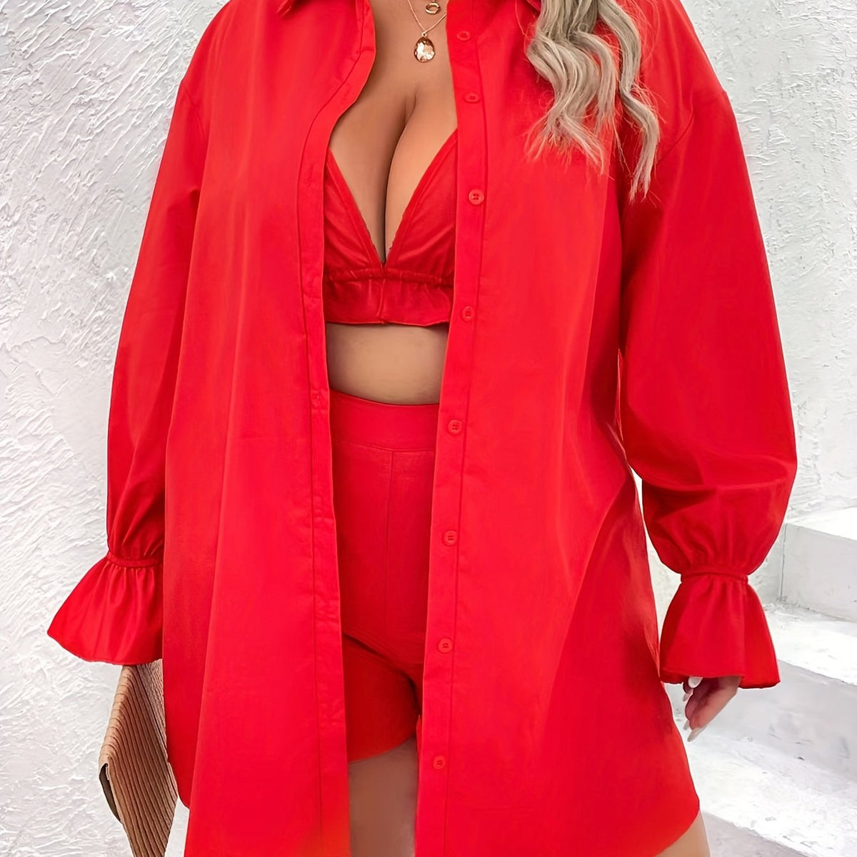  3 Piece Set Solid Button Blouse & Bra & Shorts Outfit