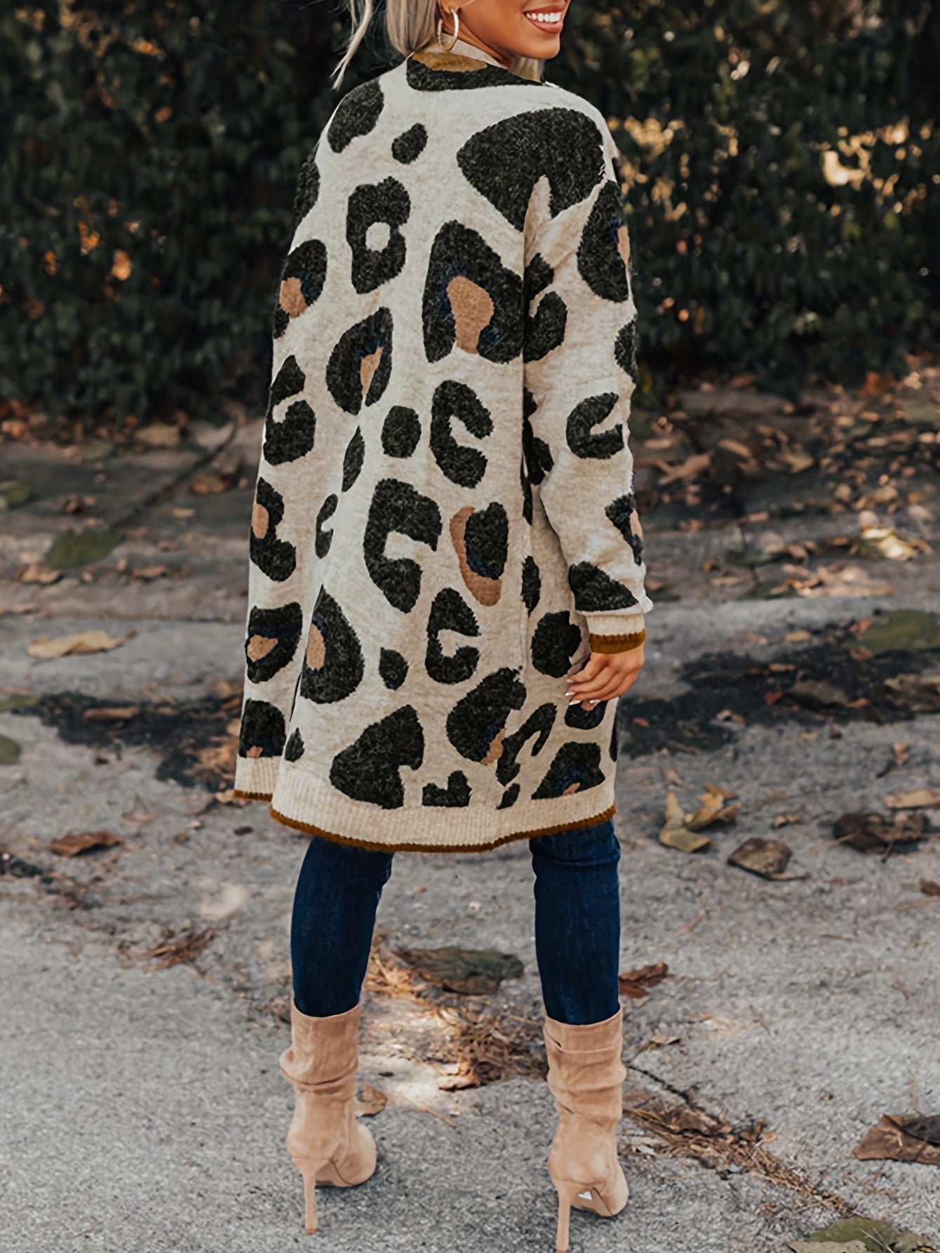  Leopard Print Open Front Cardigan with Pockets