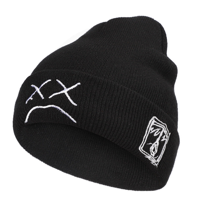 Crying Face Embroidered Knit Hat