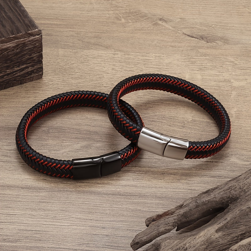 Men's Red Leather Braided Bracelet Magnetic Buckle