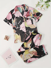 Floral Satin Pajama Set Short Sleeve Pocket Top & Long Pants