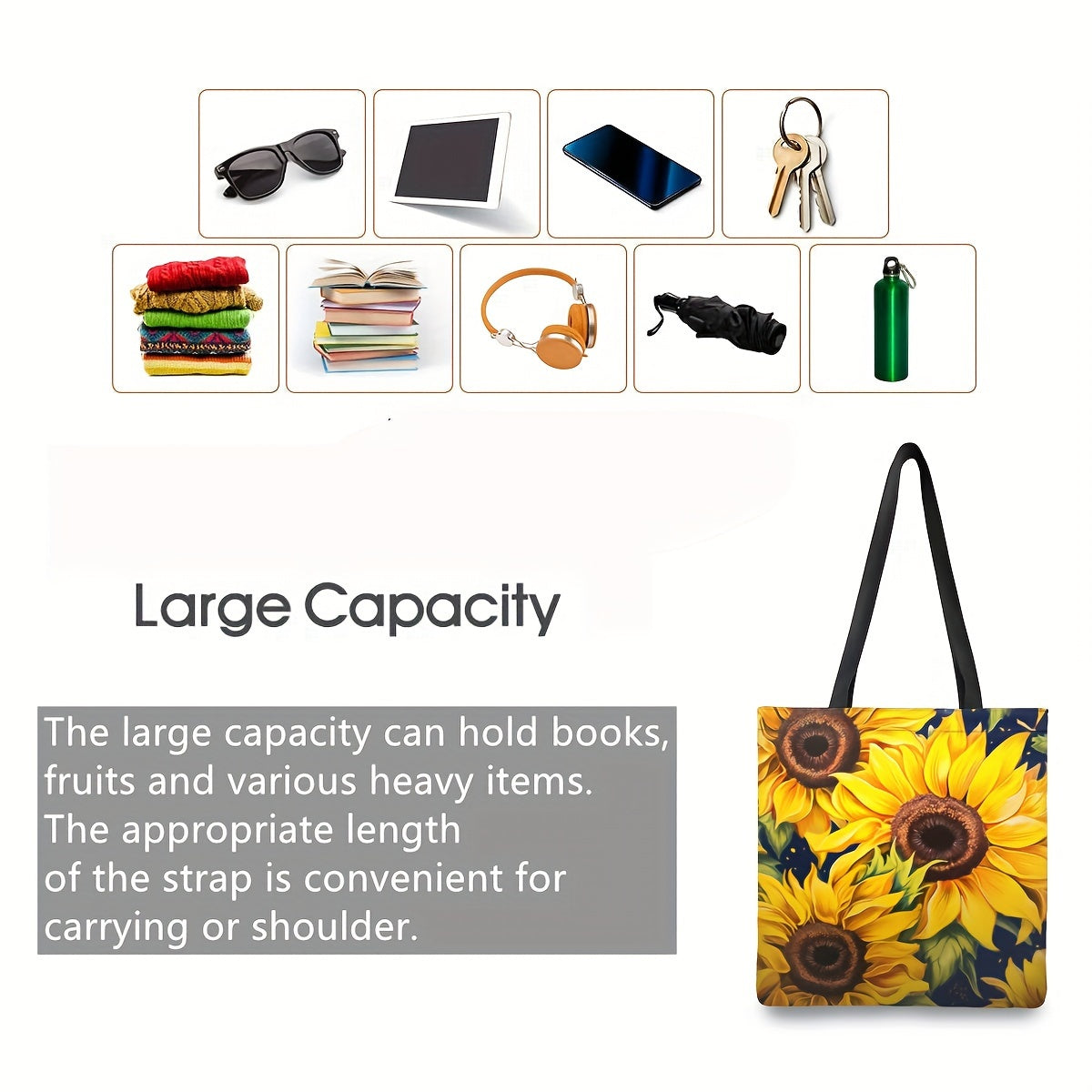 Large Capacity Sunflower Tote Bag Stylish Handbag for Women