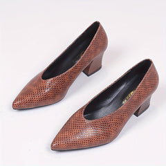 Women's Snakeskin Pattern Court Pumps Slip-On Chunky Heels