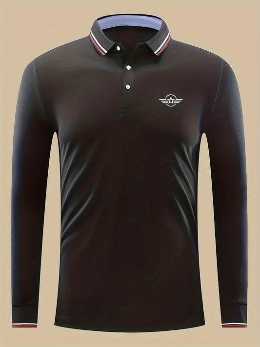 Men's Star Print Long Sleeve Polo Shirt