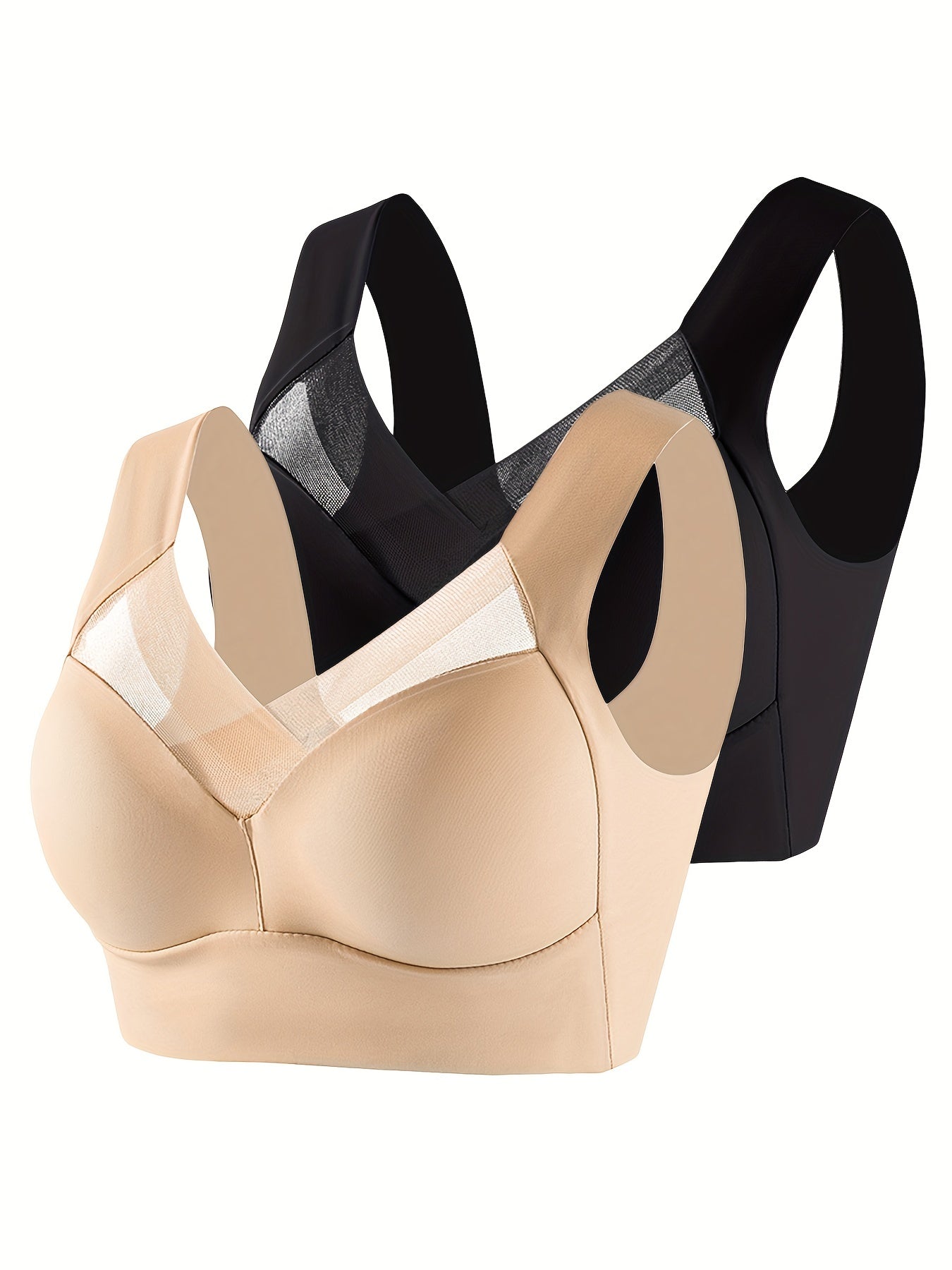 2pcs Wireless Push Up Bras, Breathable & Comfy, Mesh Contrast Design