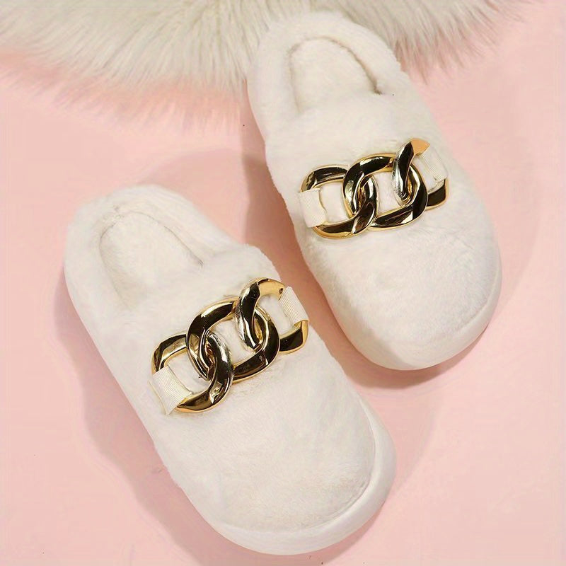 Women's Fluffy Platform Slippers with Chain Detail