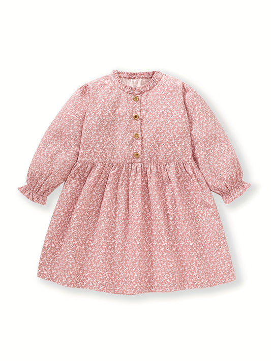 Girls Autumn Floral Print Dress Button Decor Soft Cotton Casual Kids Dress