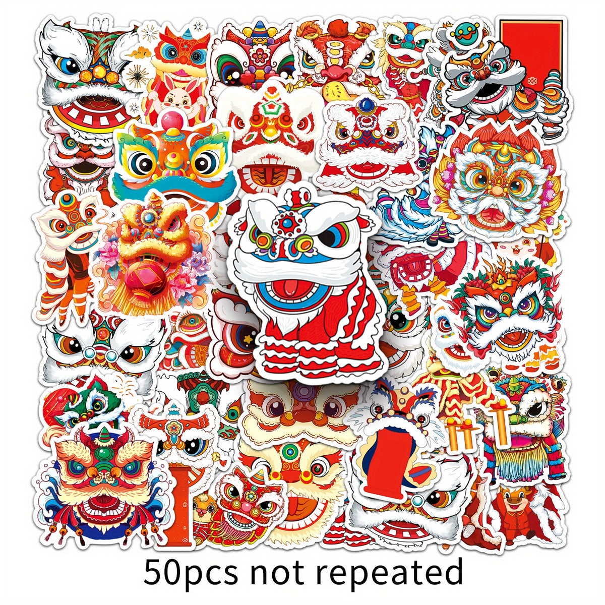 50pcs Lion Dance Cartoon Stickers Chinese Traditional Culture Luggage Decoration