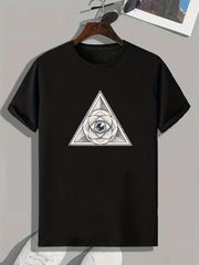 Triangle & Eye Print Men's Comfy T shirt Active Slightly Stretch Breathable Tee