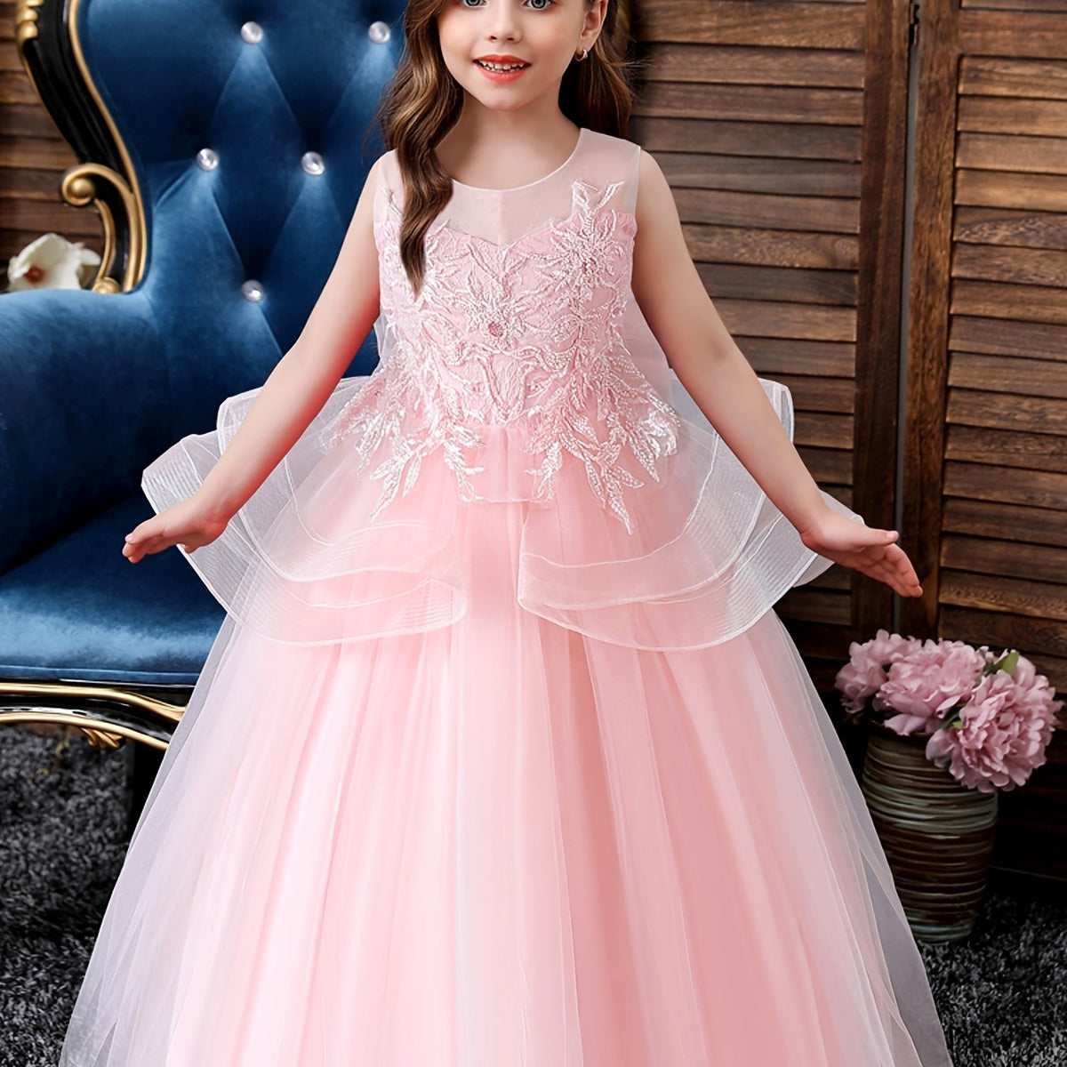 Girls Ruffled Mesh Embroidered Princess Dress Sleeveless Dress