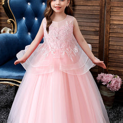 Girls Ruffled Mesh Embroidered Princess Dress Sleeveless Dress