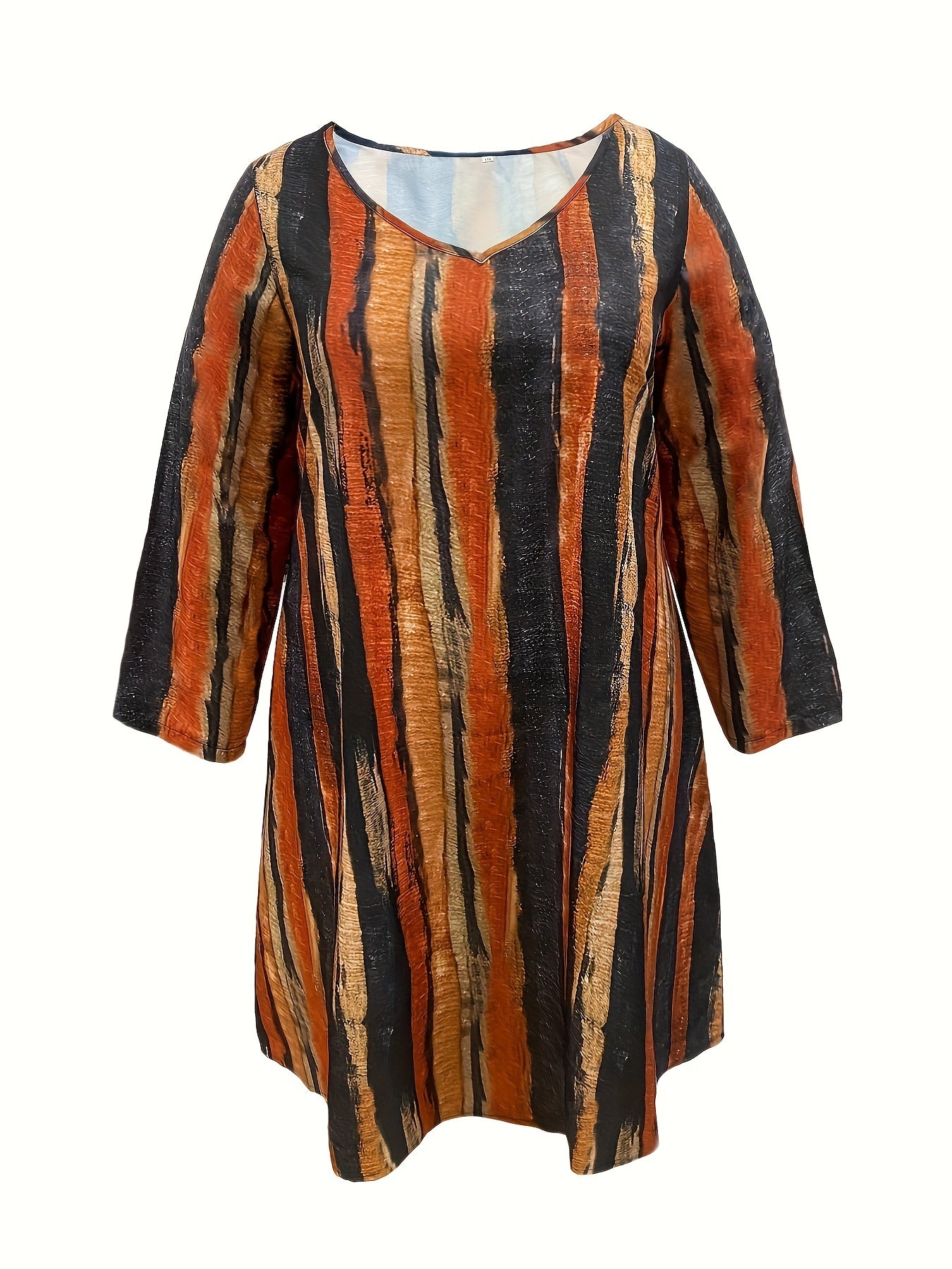 Boho Dress Women's Stripe Print Long Sleeve V Neck Mini Dress