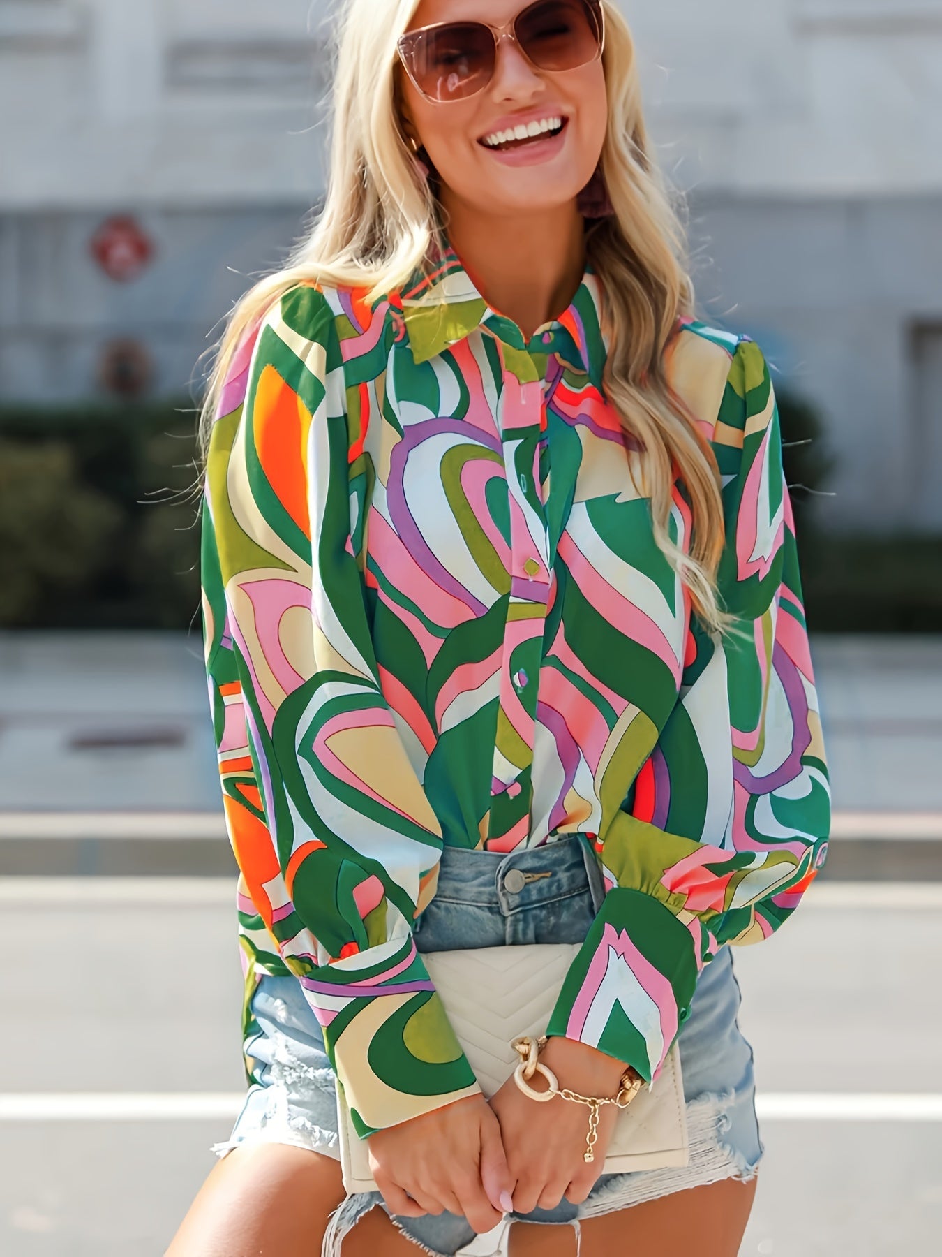 Casual Blouse Women's Plus Random Print Lantern Sleeve Button Up