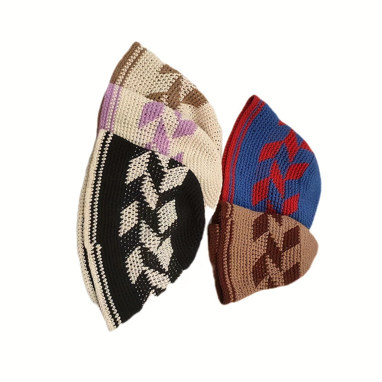 Rhombus Block Bucket Hat Cotton Knitted Basin Hat