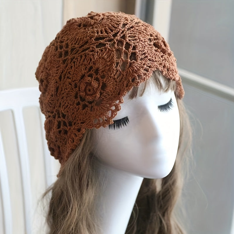 Vintage Flower Crochet Beanie Hollow Out Skull Hat Soft Thin Knit Hats