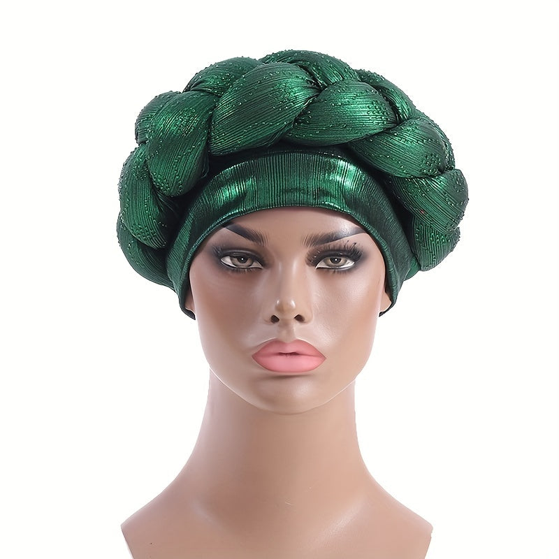 Braided Turban Cap Rhinestone Decor Elastic Head Wrap Bonnet
