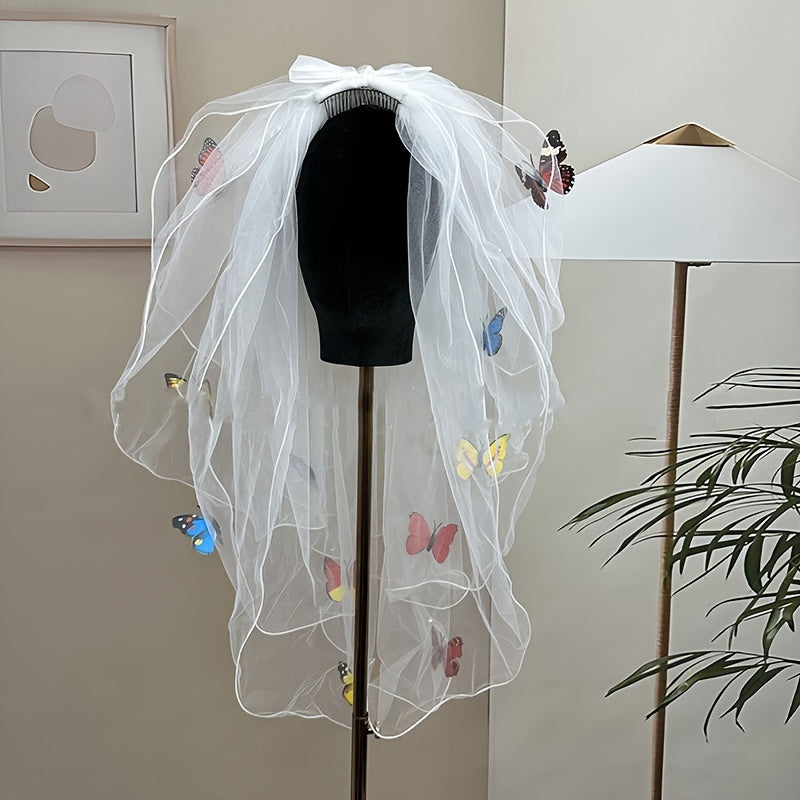 Bridal Wedding Veil Colorful Butterfly Mesh Style Veil Hairpiece