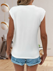 Lace Splicing Short Sleeve Top Solid Summer Casual Crew Neck Tee