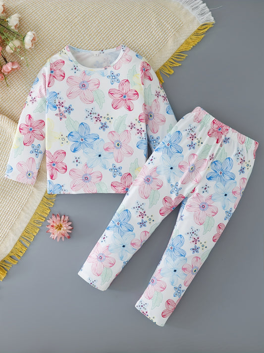 2pcs Toddler Girls Flowers Graphic Pajama Set Long Sleeve Top & Pants Sleepwear