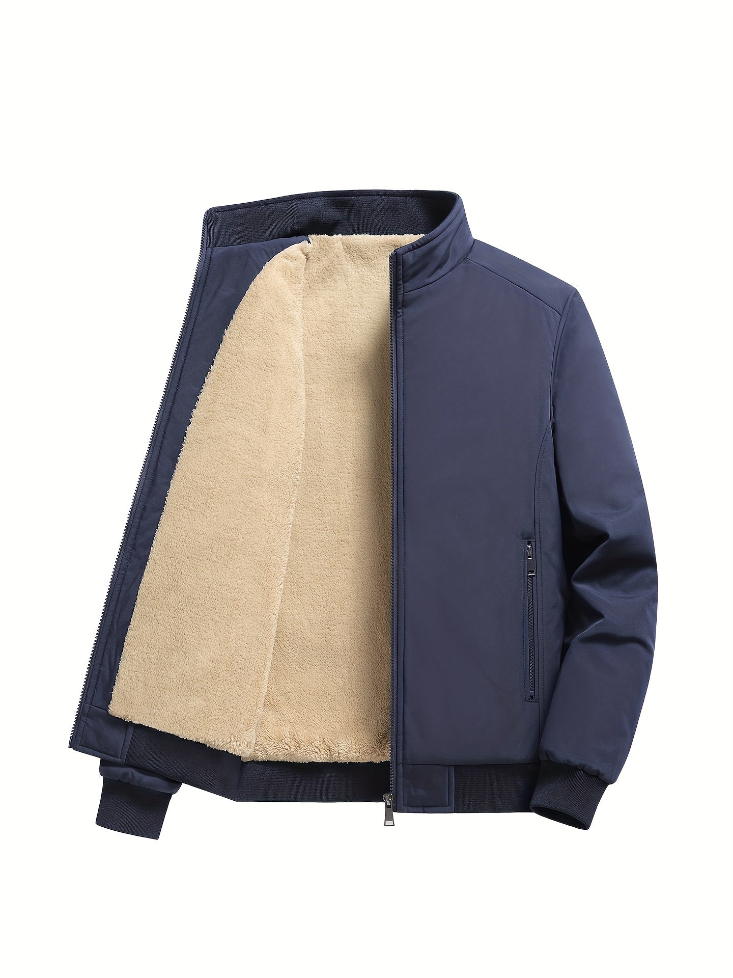 Men's Stand Collar Fleece Jacket Solid Zip Up Coat