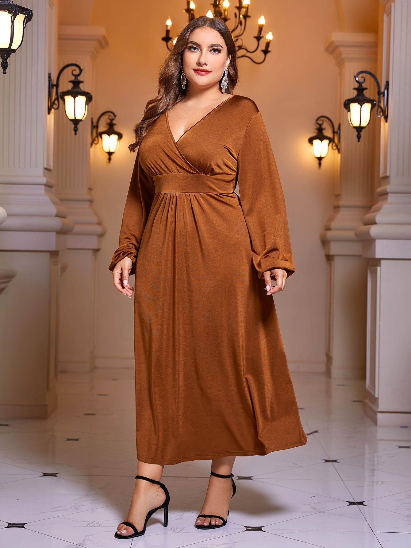 Solid Lantern Sleeve Surplice Neck Maxi Dress