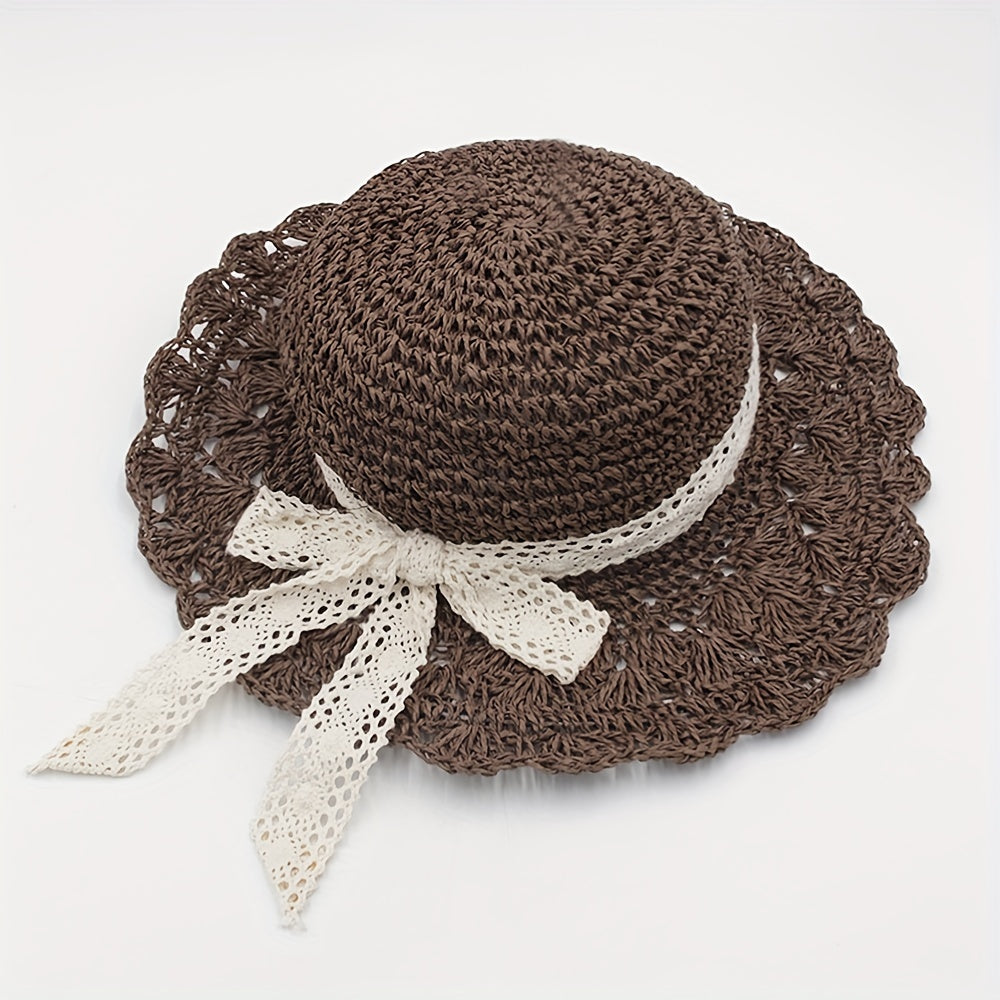 Lace Ribbon Bowknot Sun Hat Hollow Wide Brim Straw Hat Crochet Fedora Cap
