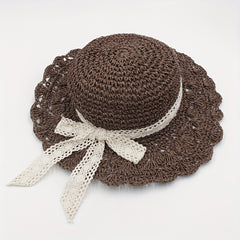 Lace Ribbon Bowknot Sun Hat Hollow Wide Brim Straw Hat Crochet Fedora Cap