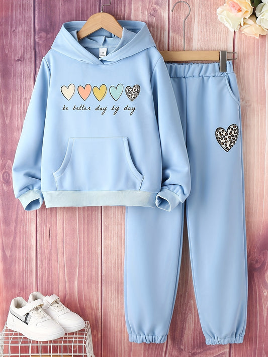 Girl's Heart Pattern Hoodie & Sweatpants 2pcs Set for Spring Fall