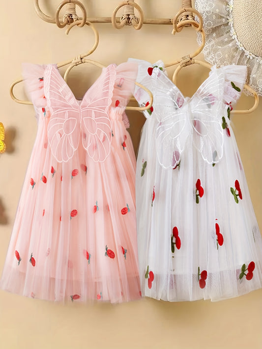 Toddler Girls Cherry Embroidery Mesh Puffy Dress