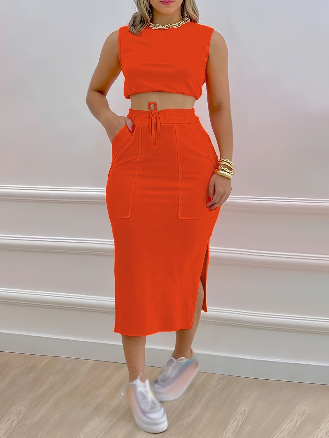 Casual Two Piece Set Sleeveless Top & Split Skirt Outfit