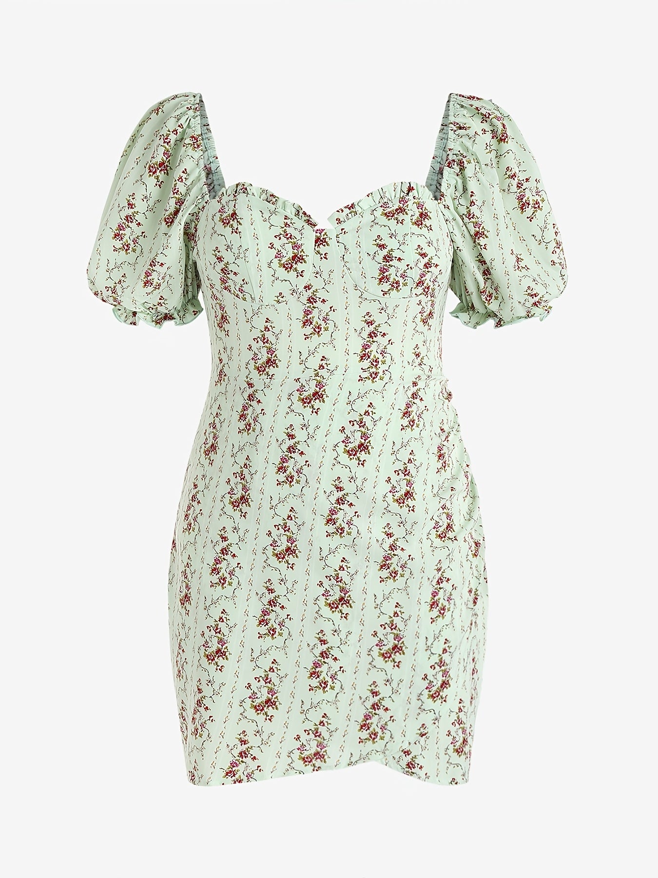 Floral Print Ruffle Trim Square Neck Short Sleeve Dress Plus Size