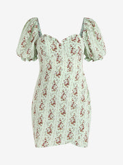 Floral Print Ruffle Trim Square Neck Short Sleeve Dress Plus Size