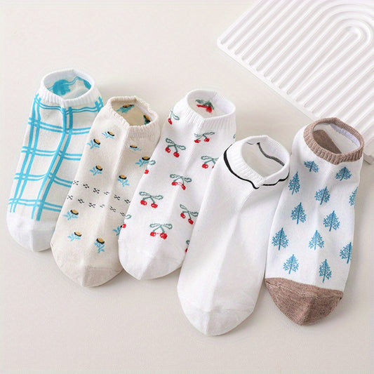 5 Pairs Floral Pattern Socks & Ankle Socks Women's Stockings