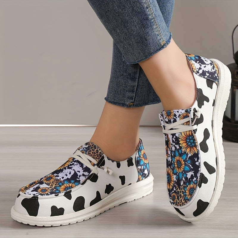 Cow Print Flat Canvas Shoes Sunflower Lace Up Sneakers