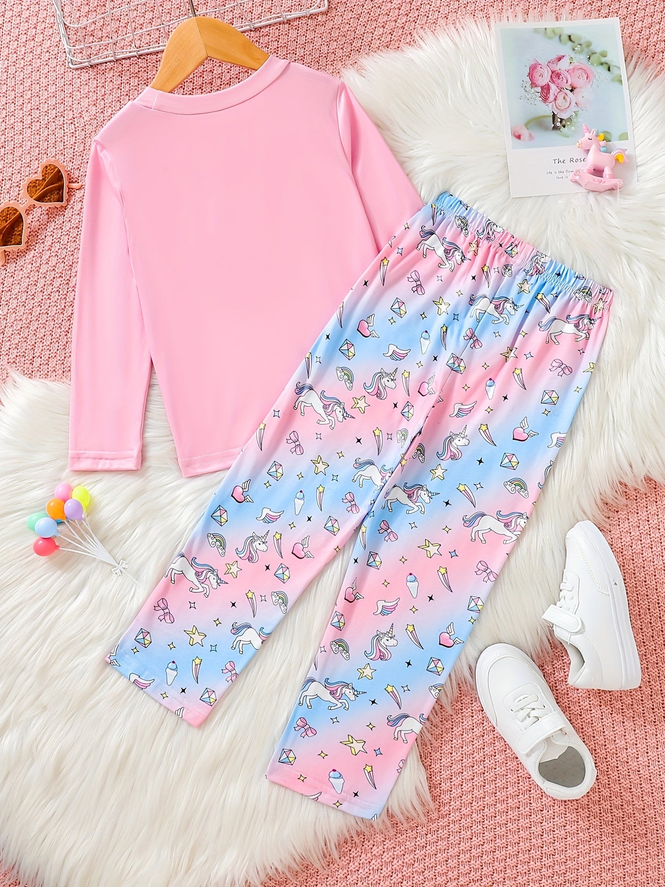 Unicorn Pattern Outfit 2pcs Top & Pants Set for Girls