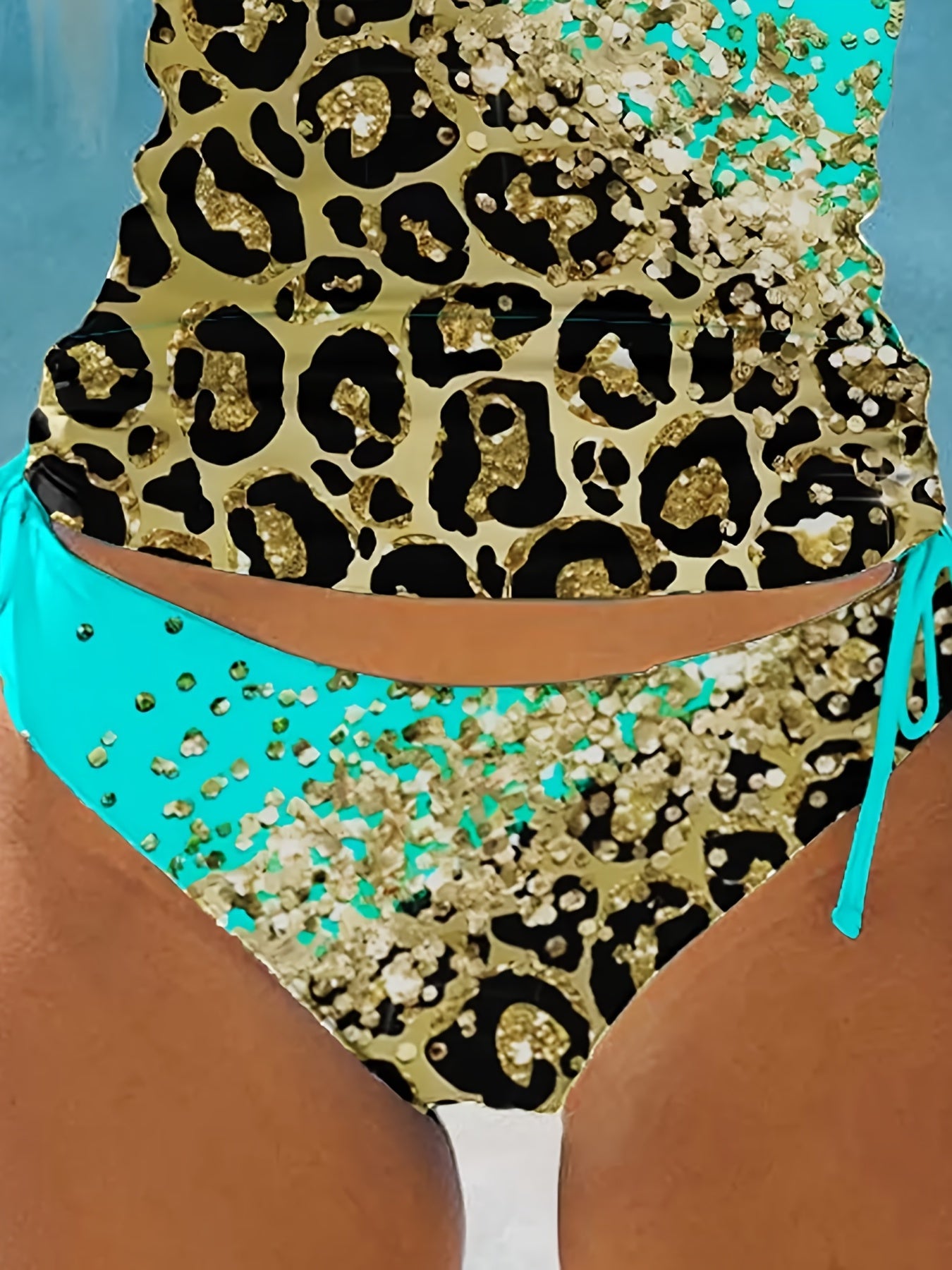 Leopard Glitter Print Block Cyan 2 Piece Set Tankini