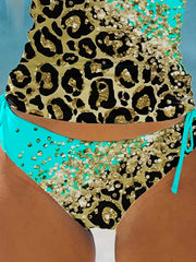 Leopard Glitter Print Block Cyan 2 Piece Set Tankini