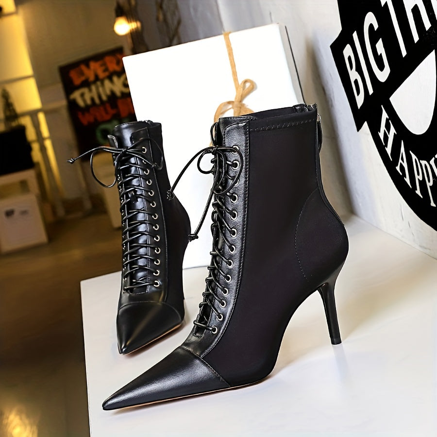 Women's Stiletto Heels Lace Up Ankle Boots Faux Leather