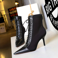 Women's Stiletto Heels Lace Up Ankle Boots Faux Leather