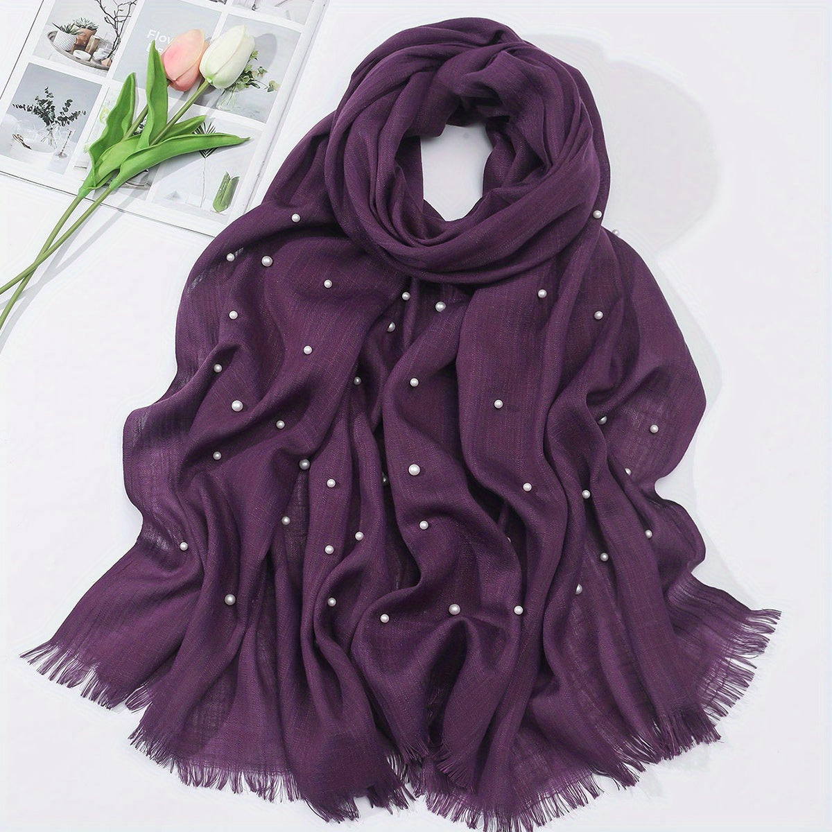 Faux Pearl Decor Raw Trim Scarf Shawl Wrap for Daily Wear Purple