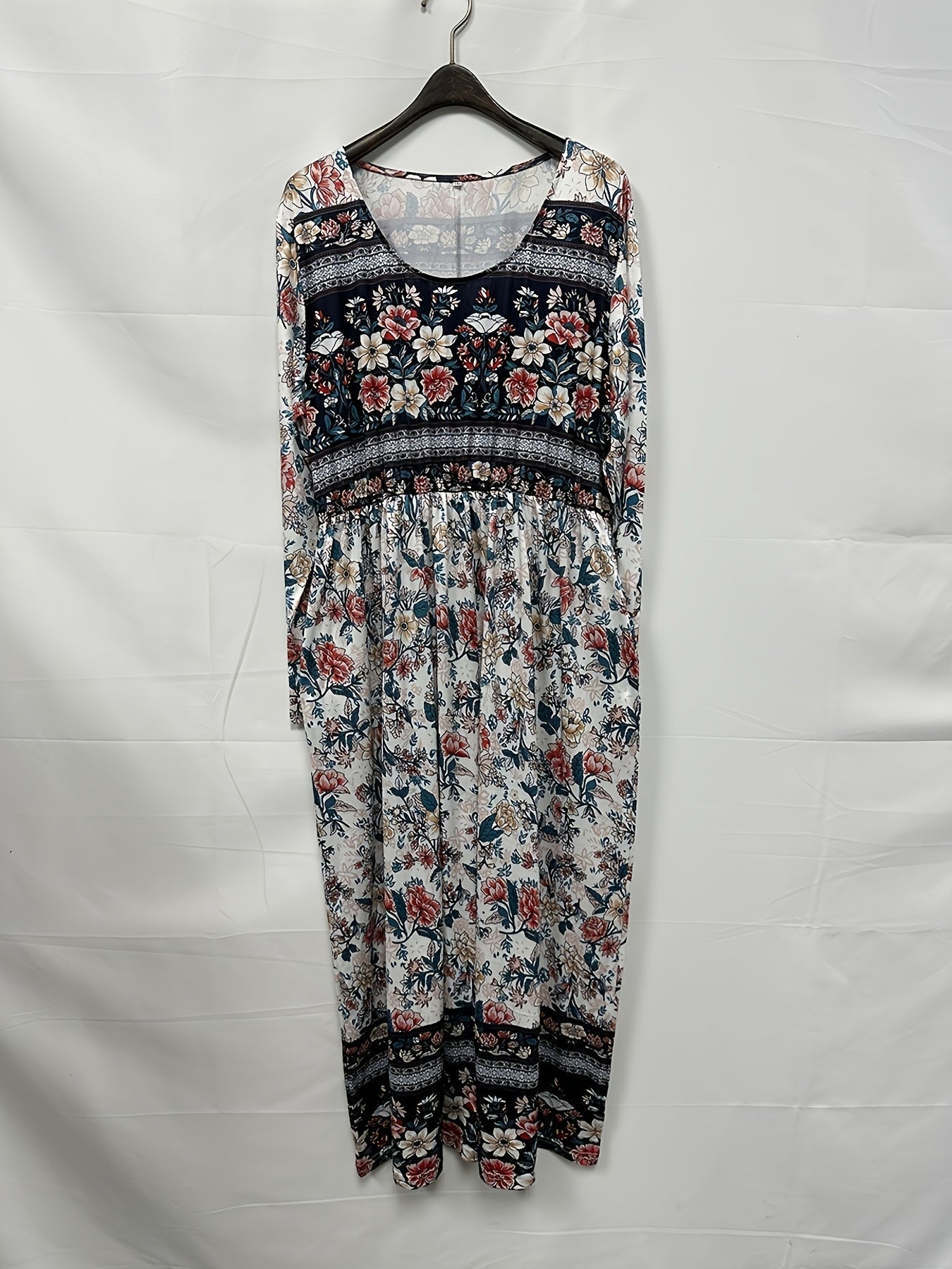  Boho Dress Colorblock Floral Print Long Sleeve Round Neck Dress
