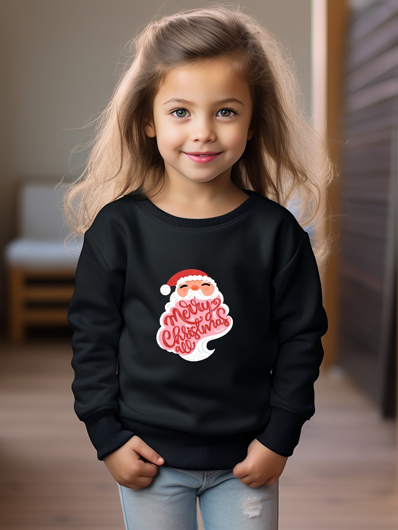 Santa Graphic Crew Neck Long Sleeve Sweatshirt Kids Clothes Christmas Gift